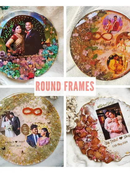 A collage showcasing a variety of my custom round resin frames. Each one is a unique story, personalized with photos and preserved flowers.