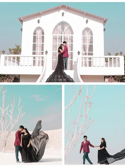 A series of dramatic shots with a long, black flowing gown against the bright blue sky, using both our white chapel and white sand sets for maximum impact.