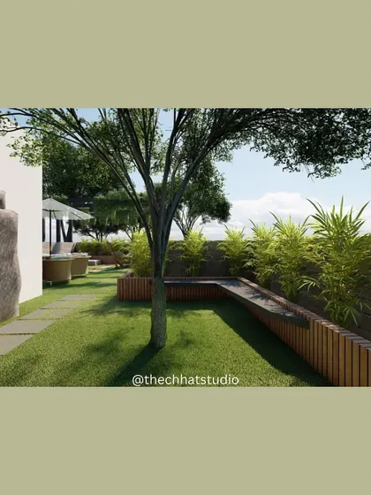 A glimpse of a nature-inspired terrace makeover. This design uses natural stone, wooden planters, and lush greenery to create a seamless transition between the built environment and the outdoors.