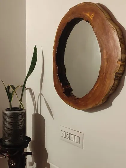 A unique decorative mirror with a live-edge wooden frame, adding a rustic and natural element to the wall decor.