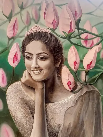 Titled 'Awaiting', this surrealist portrait combines a realistic subject with a dreamlike environment. The piece captures a feeling of gentle anticipation, with the soft expression of the model framed by delicate, unopened flower buds.