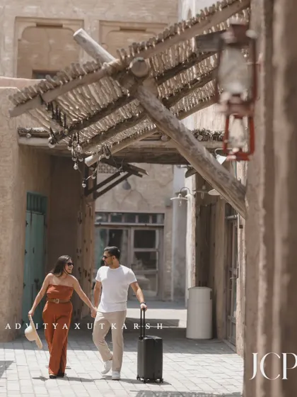 Exploring the old-world charm of Dubai's souks, this shot blends travel and romance for a unique pre-wedding album.