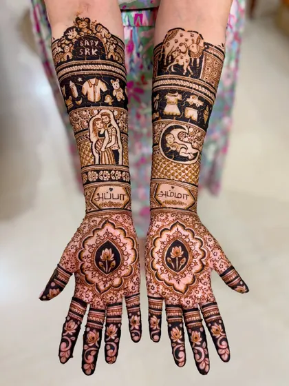 The full, intricate design for a personalized baby shower, telling a complete story on both arms.