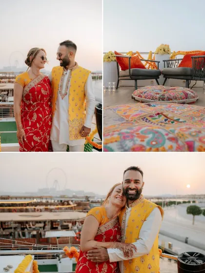A collage showcasing the couple's portraits and the vibrant, colorful decor of their Mehendi party on a yacht.