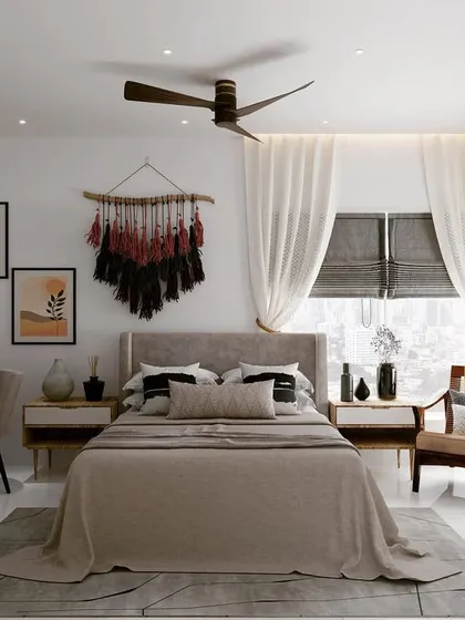 A 3D render of a guest bedroom design. This visualization helps clients see exactly how the furniture, colors, and textures will come together to create a cohesive and beautiful space.