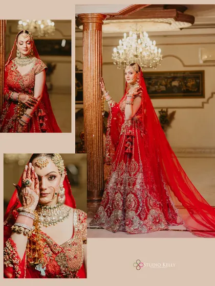 A collage of regal bridal portraits, showcasing the bride's stunning red lehenga and long veil.
