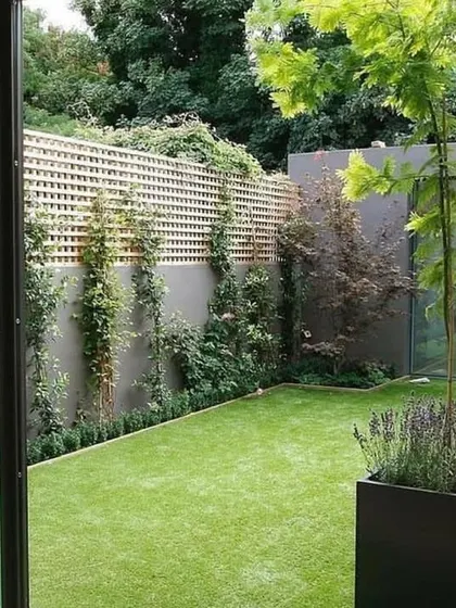 This compact courtyard uses vertical space effectively. We installed a trellis for climbing plants along the back wall and used artificial turf for a perfect, no-fuss lawn, creating a private green view for the adjoining rooms.