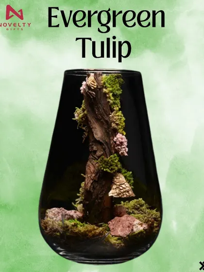 The 'Evergreen Tulip' terrarium. Shaped like a tulip glass, this piece features a vertical arrangement of wood and moss, creating a striking decor item.