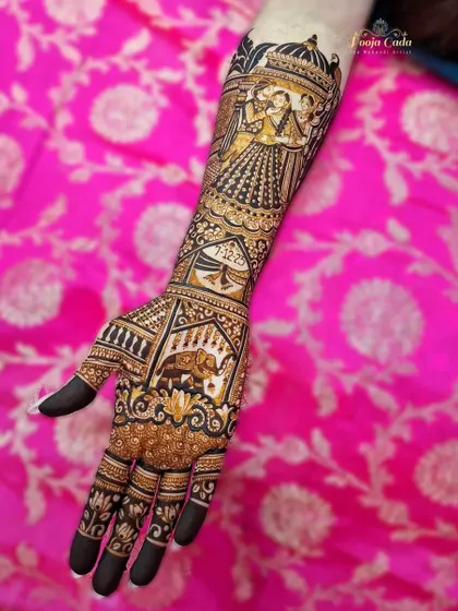 Another angle of the masterpiece, this time focusing on the bride's portrait in a doli, showcasing the intricate patterns of her lehenga.
