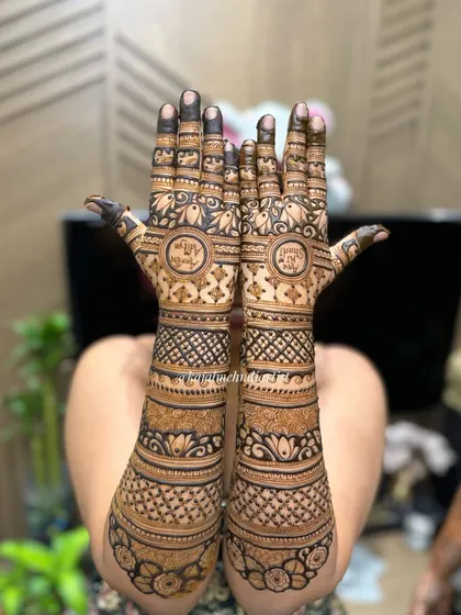 The same beautiful Indian henna design, but with a darker, more intense stain. This shows the stunning result of proper henna aftercare.