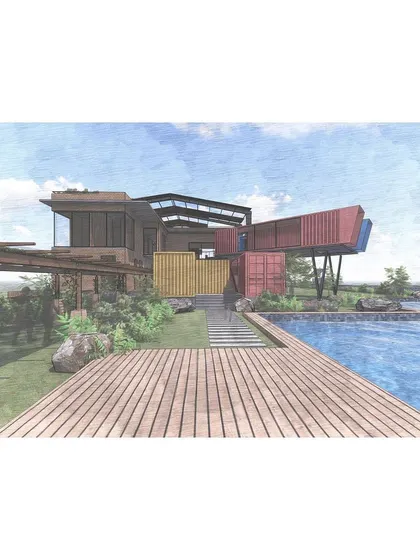 This conceptual sketch shows our design for a golf clubhouse, which repurposes old shipping containers. The plan integrates the industrial structures with a pool and deck, creating a modern and sustainable leisure space.