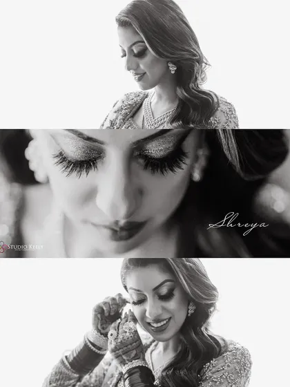 A stunning black-and-white collage of the bride getting ready, focusing on her expressive eyes and delicate features.
