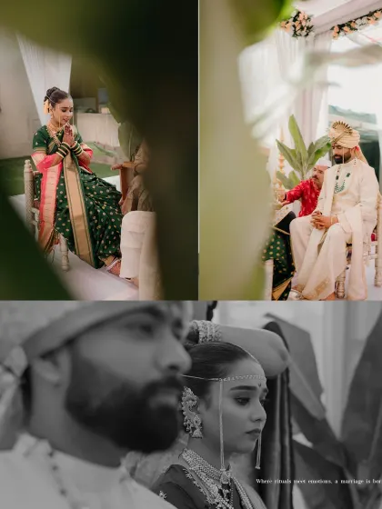 A collage that blends color and black and white to tell the story of the wedding rituals, adding a cinematic and emotional depth.