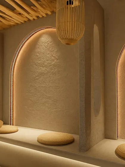 A close-up of the Japanese-inspired low seating nooks at 6th Empirica. The arched alcoves with integrated lighting and textured walls provide intimate spaces within the larger open-plan layout, offering guests a sense of privacy and comfort.