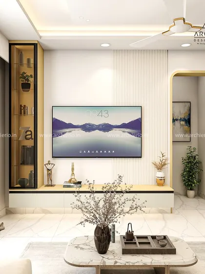 A minimalist and modern living room design with a sleek TV unit and an arched entryway. The focus is on clean lines, uncluttered surfaces, and a calm, neutral palette.