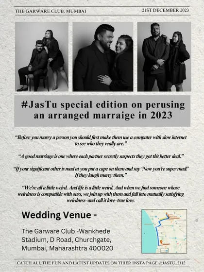 A special edition of the 'JasTu' wedding newspaper with humorous takes on arranged marriages.