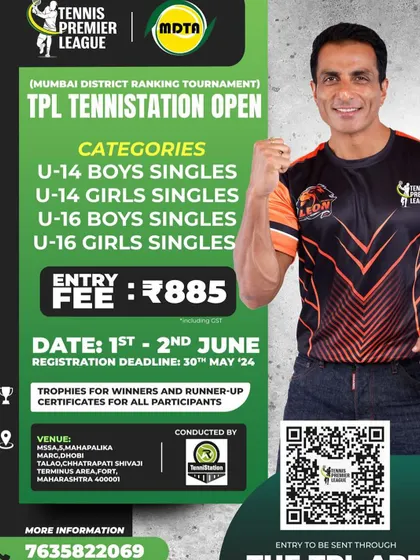 The announcement for TenniStation Open (Season 13), a Mumbai District Ranking Tournament for U-14 and U-16 players. Trophies are awarded to winners and certificates to all participants.