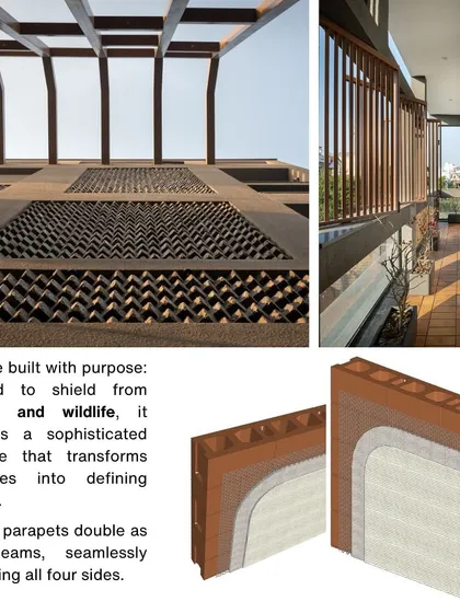 The facade is built with purpose. To shield from pollution and wildlife, balcony parapets are designed to double as structural RCC beams, seamlessly connecting all four sides of the building and turning a challenge into a defining feature.
