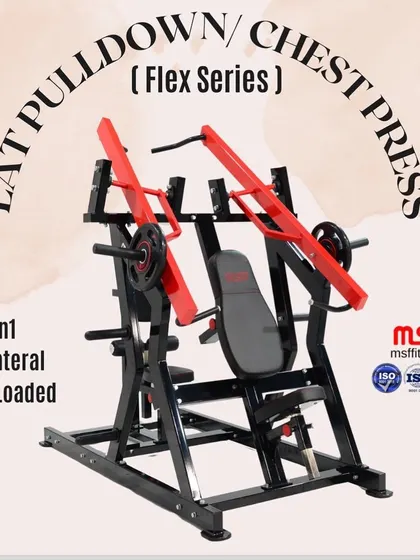 A beautifully designed graphic showcasing the 2-in-1 Iso-lateral Lat Pulldown and Chest Press from the Flex Series.