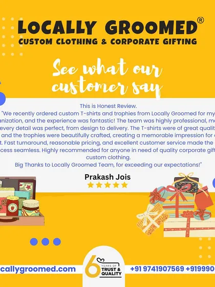Prakash Jois shares a fantastic experience ordering custom t-shirts and trophies. He commends our professional team, great quality, and seamless process from design to delivery.