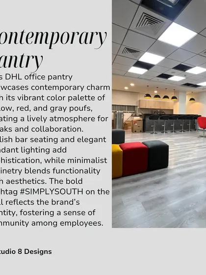 The contemporary pantry at the DHL office. Using the brand's vibrant color palette of yellow, red, and grey, we created a lively atmosphere for breaks and informal collaboration.