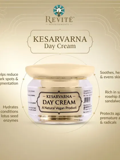 The Kesarvarna Day Cream is rich in saffron, rosehip, and sandalwood. It helps reduce dark spots, hydrates with lotus seed enzymes, and protects against premature aging.