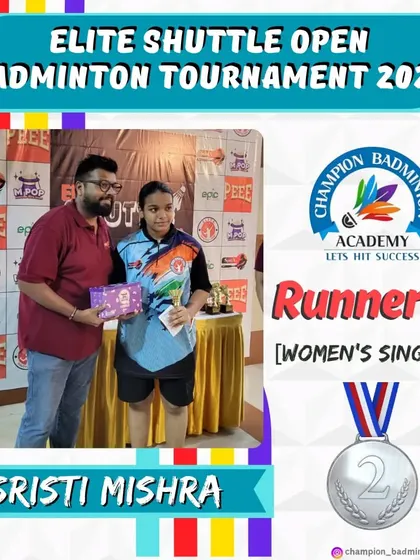We are proud of our Bengal Club Centre student, Sristi Mishra, for becoming the Women's Singles Runner-Up at the Elite Shuttle Open Badminton Tournament.