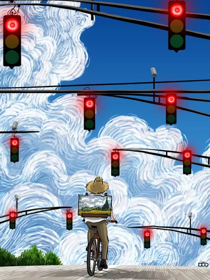 I use the metaphor of a modern street filled with red traffic lights to represent the endless obstacles we face. Yet, the artist continues his journey on a bicycle, carrying his canvas towards a sky filled with beautiful, swirling clouds. It’s an illustration about perseverance and moving toward your dreams despite the world telling you to stop.