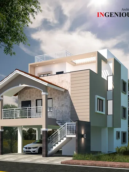 A unique residential design that blends modern block forms with a traditional sloped-roof portico. This hybrid approach allows for distinct functional zones, including a covered car park and an open first-floor balcony.