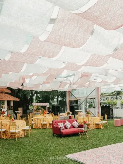 A vibrant and comfortable lounge area for the Mehendi. We paired colorful floral tablecloths with elegant seating and soft drapes to create a space that was both festive and relaxing for guests.