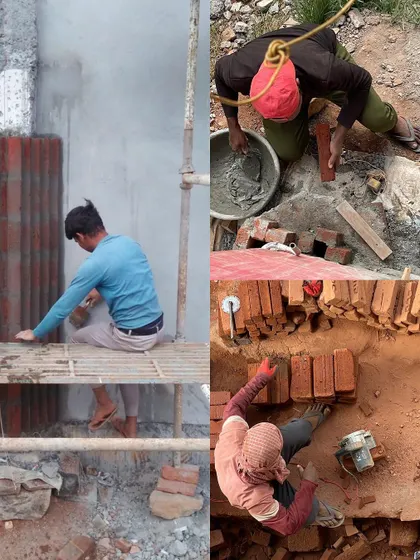 A collage of workers on the TARA resort site, cutting and laying bricks. It celebrates the skilled labor that brings these material-rich designs to life.
