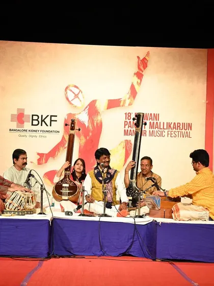 On stage at the Dhwani Pandit Mallikarjun Mansur Music Festival, accompanying the great Pandit Jayateerth Mevundi sir. Providing tabla accompaniment for a master vocalist in a prestigious auditorium is a responsibility I take to heart.