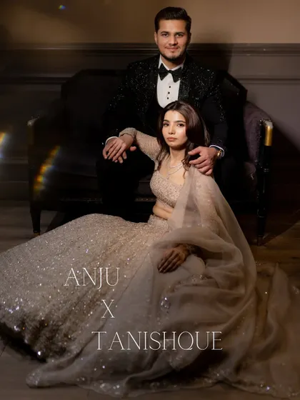 A portrait of modern elegance. This editorial-style shot of Anju and Tanishque showcases a more formal and glamorous side of pre-wedding photography, perfect for couples who want that magazine-cover look.