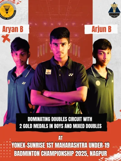 A poster celebrating the doubles dominance of Sarvesh Yadav, Arjun Birajdar, and Aryan Birajdar at the Under-19 Badminton Championship in Nagpur.