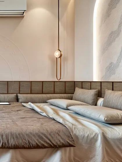 A close-up of the headboard design, featuring a mix of textures and subtle details. The padded, sectioned headboard provides comfort, while the wall behind it showcases a delicate, embossed pattern and a wave-textured panel with integrated lighting. A sleek pendant light adds a touch of modern elegance.
