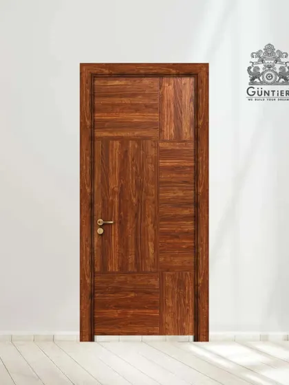 A laminated door with a creative geometric wood pattern. This option provides a custom look at a budget-friendly price point.