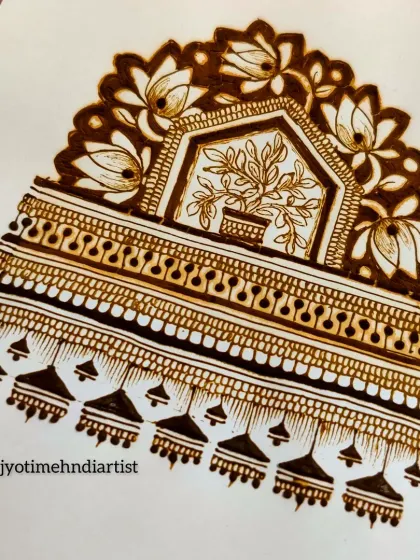 A traditional startup pattern featuring a Tulsi plant in a courtyard, surrounded by lotus flowers and dangling bells.