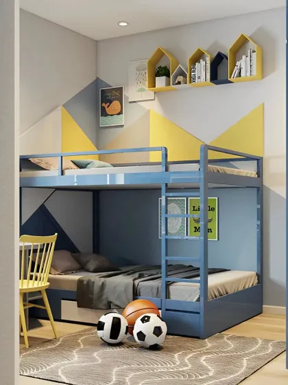 A vibrant shared bedroom for kids with a blue metal bunk bed. The room is decorated with a geometric yellow and blue accent wall and has ample space for play.