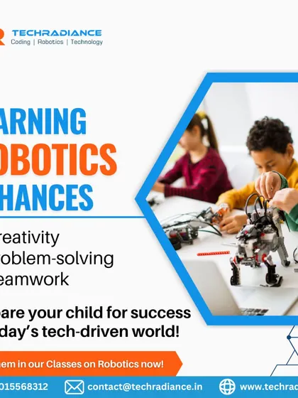 An ad highlighting the core skills enhanced by learning robotics: creativity, problem-solving, and teamwork.