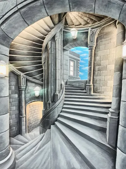 A fantastical architectural illusion featuring a grand spiral staircase. The design plays with impossible perspectives and a glimpse of a bright blue sky, creating a dreamlike and intriguing piece that sparks the imagination.