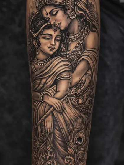 This Radha Krishna tattoo is a story of eternal love, created with immense detail. I've used fine lines and soft shading to capture the divine emotion and connection between them. Look closely at the delicate jewelry, the serene expressions, and the peacock feather, all coming together to create a piece that is truly 'shandaar'.