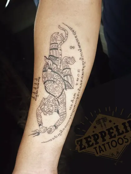 Here is another example of a Sak Yant tattoo, featuring Hanuman. We will study the specific line work and symbolism required to execute these powerful traditional designs correctly.