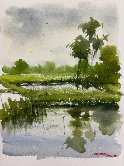 A small watercolor sketch of a pond reflecting the sky and trees, a quick study in capturing reflections.