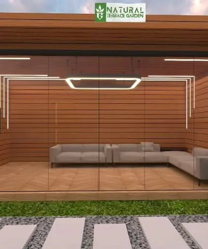 A proposed design for a glass-enclosed media room on a terrace. The room features a large TV and a comfortable L-shaped sofa, perfect for outdoor movie nights.