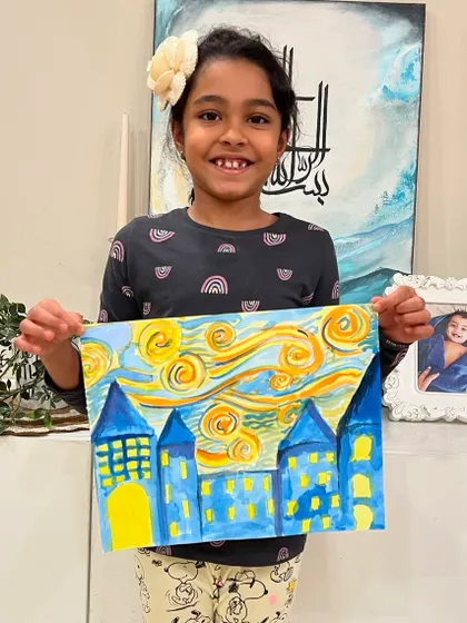 I am always so proud to see our students tackle the greats! Here is a beautiful and vibrant take on Van Gogh’s ‘Starry Night’. We love introducing kids to famous artists in a fun, accessible way, inspiring them to create their own masterpieces.