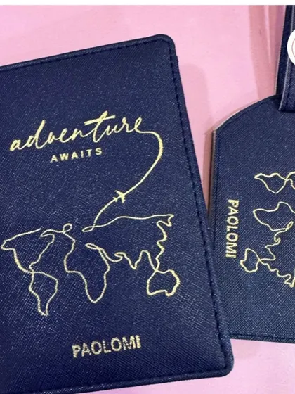 "Adventure awaits." A personalized passport holder and luggage tag set, an ideal gift for a destination bachelorette party.