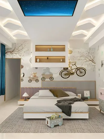 A whimsical kids' room with a unique false ceiling that has a "sky view" panel. The walls are decorated with playful decals, creating a fun and imaginative atmosphere.