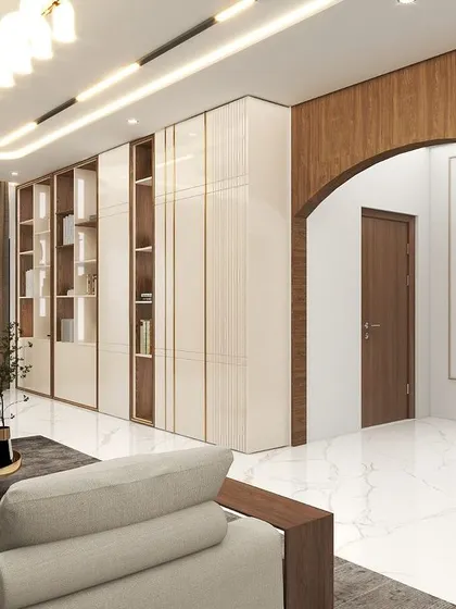 A render showcasing a seamless blend of storage and style. A large white and wood bookshelf unit is integrated into the living space, which also features an arched doorway and a comfortable swing.