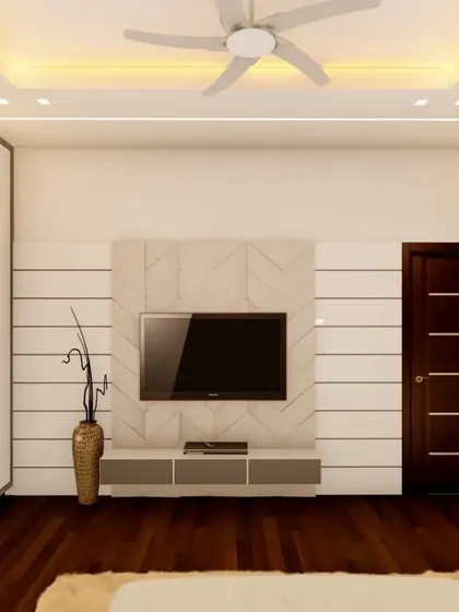 A 3D concept for a bedroom TV unit with a clean, minimalist aesthetic. The design incorporates a textured back panel and a simple floating console, set against rich, dark wood flooring.