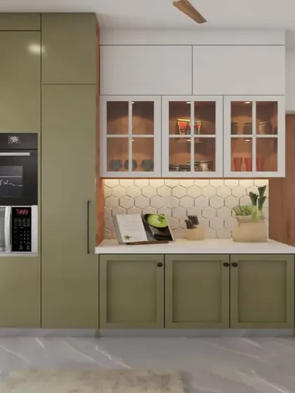 This 3D render showcases a different style, combining olive green shaker cabinets with glass-fronted upper units for a modern farmhouse feel. Visualizing these options is a key part of my design process.